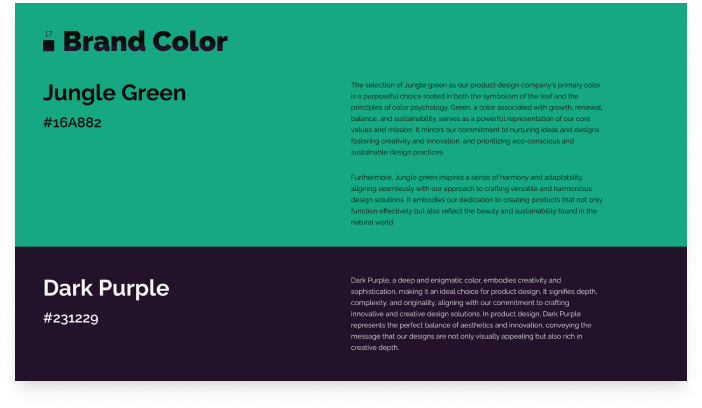 Brand color explanation with Jungle Green and Dark Purple samples.